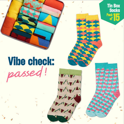 Trunk Call! Tin Gift Box, Unisex Crew Length Socks, 100% Organic Cotton, Box Of 15
