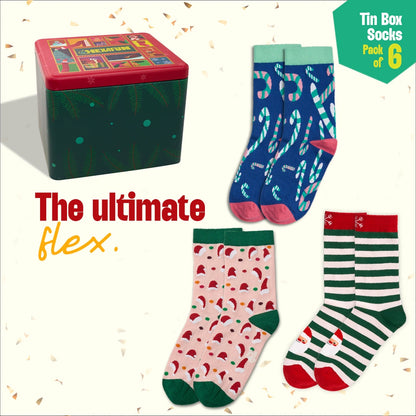 Season Splash! Tin Gift Box, Unisex Crew Length Socks, 100% Organic Cotton, Box of 6