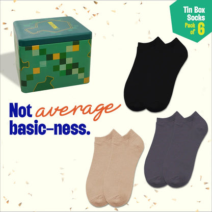 Outfit Vibes! Tin Gift Box, Unisex Ankle Length Socks, 100% Organic Cotton, Gift Box of 6