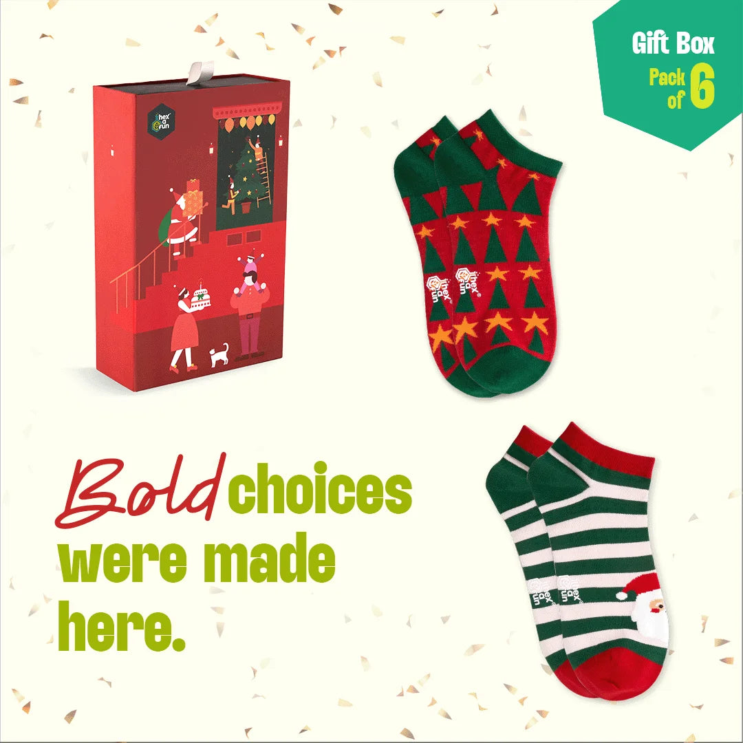 JLT! Jingle Bell Like That! 2 Unisex Ankle Length Socks + 4 Unisex Hankies, 100% Organic Cotton, Gift Box of 6