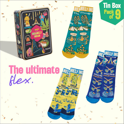Vanakkam Vibes! Tin Gift Box, 6 Hankies + 3 Socks, 100% Organic Cotton, Box of 9