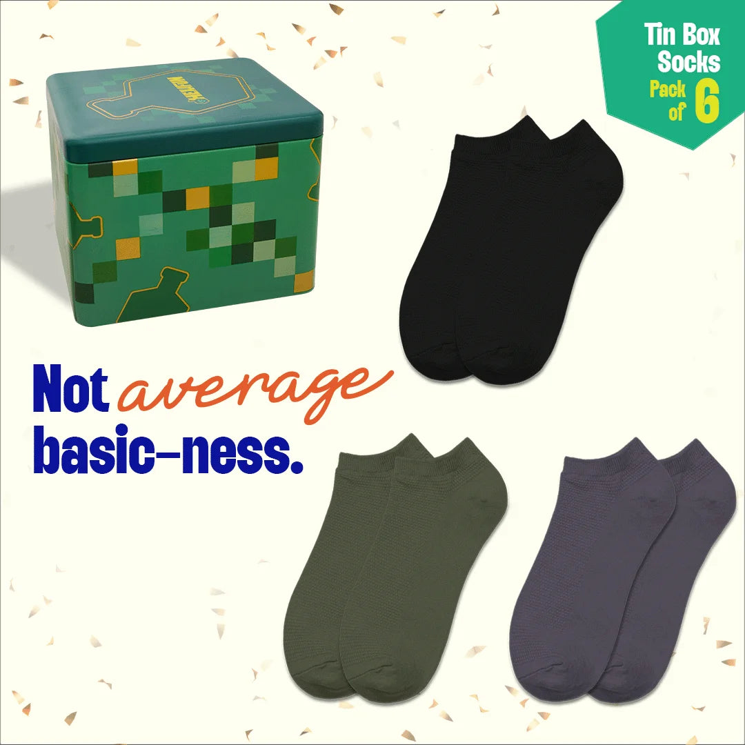 Office Flex! Tin Gift Box, Unisex Ankle Length Socks, 100% Organic Cotton, Gift Box of 06