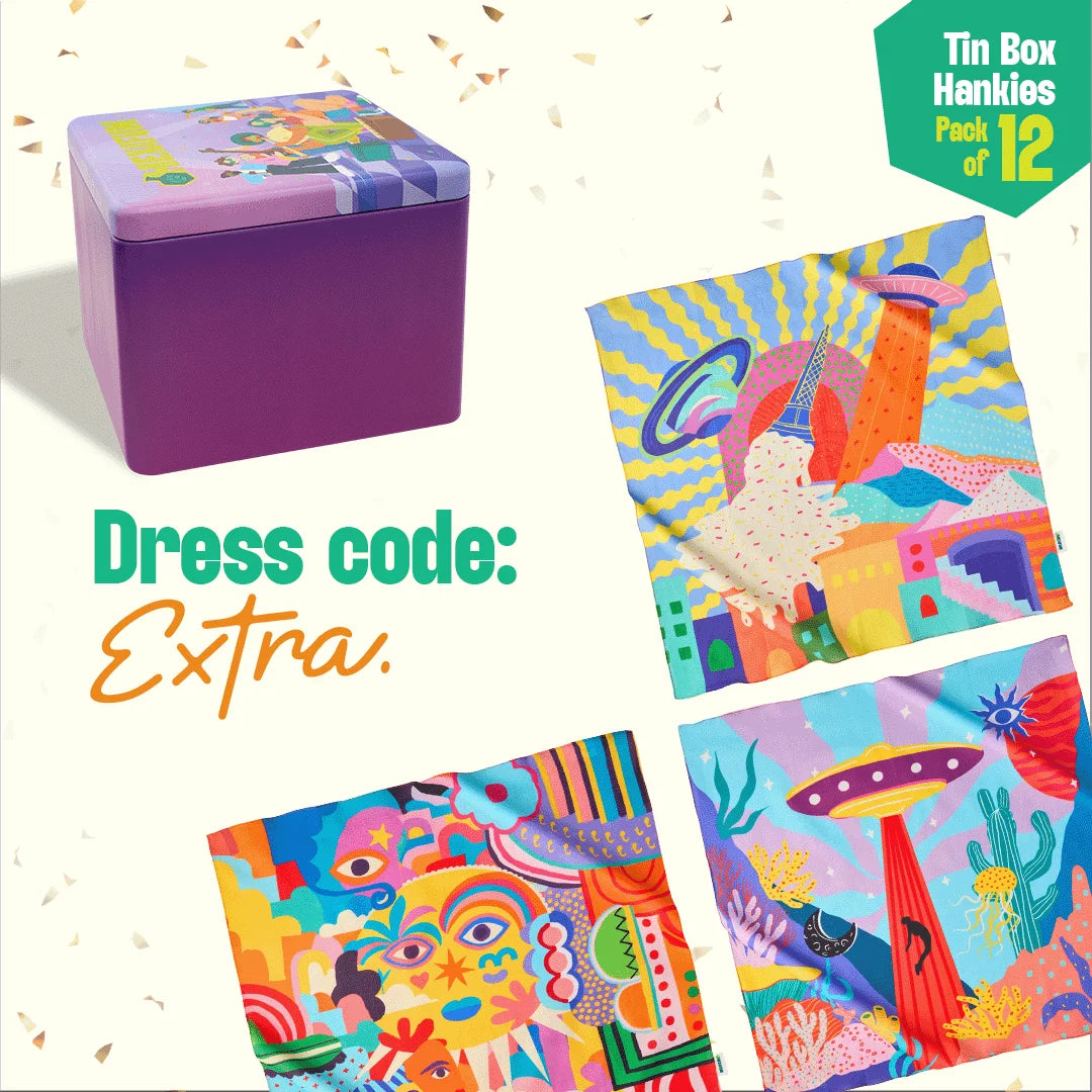 Tune In! Tin Gift Box, Unisex Hankies, 100% Organic Cotton, Gift Box of 15
