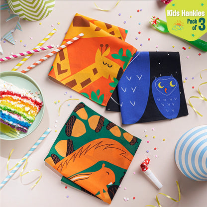 Animals Day Out! Unisex Kid's Hankies, 100% Organic Cotton, Pack of 3