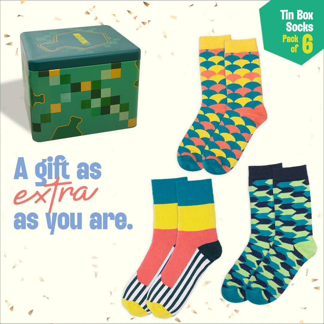 Lookbook! Tin Gift Box, Unisex Crew Length Socks, 100% Organic Cotton, Gift Box of 6