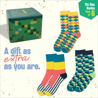 Lookbook! Tin Gift Box, Unisex Crew Length Socks, 100% Organic Cotton, Gift Box of 6