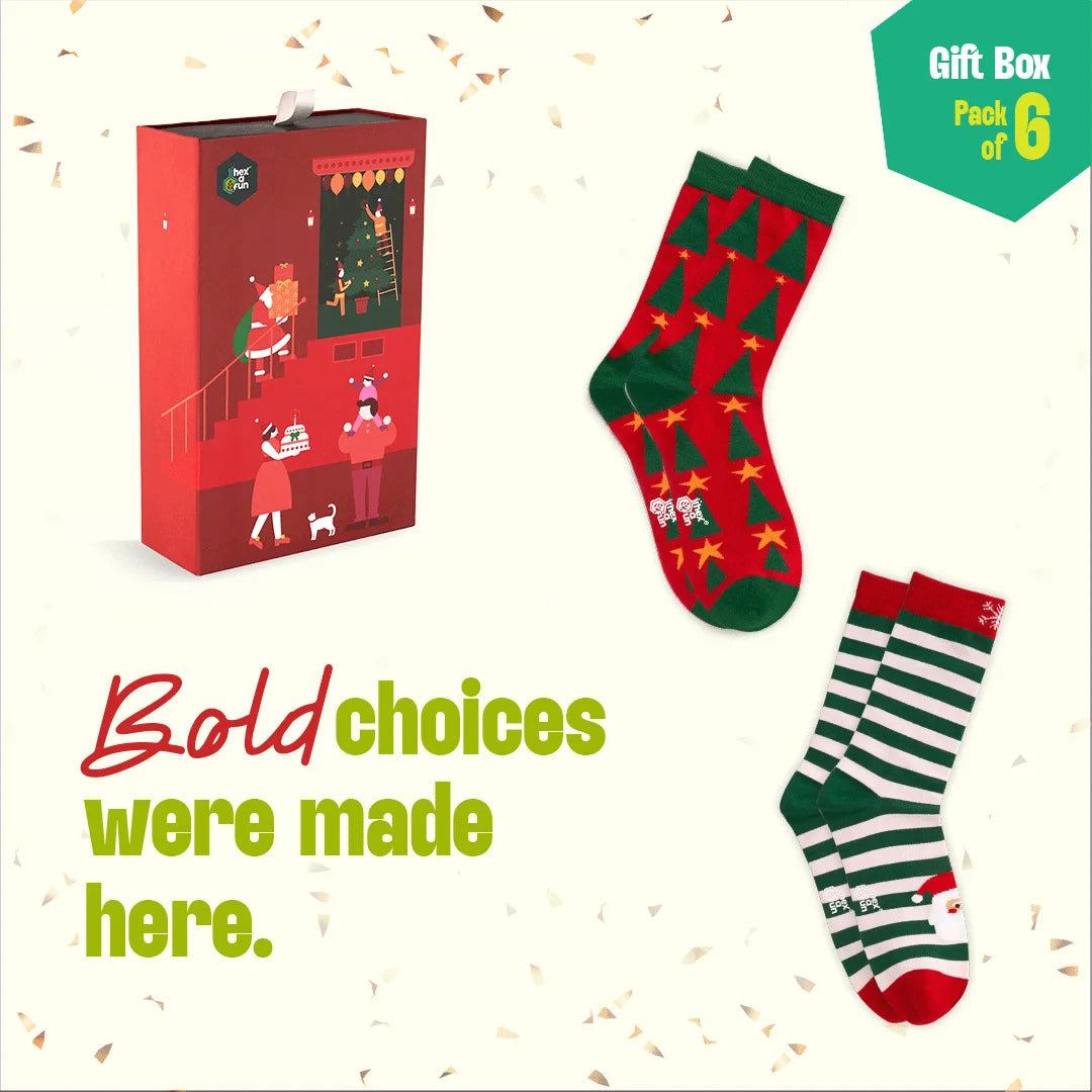 JLT! Jingle Bell Like That! 2 Unisex Crew Length Socks + 4 Unisex Hankies, 100% Organic Cotton, Gift Box of 6
