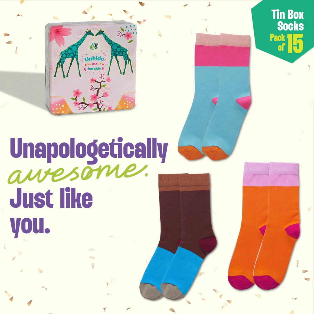 Standing Tall! Tin Gift Box, Unisex Crew Length Socks, 100% Organic Cotton, Box Of 15