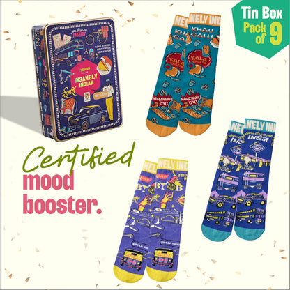 Lai Bhari Drip! Tin Gift Box, 6 Hankies + 3 Socks, 100% Organic Cotton, Box of 9