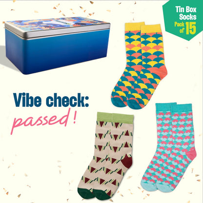 Carnival! Tin Gift Box, Unisex Crew Length Socks, 100% Organic Cotton, Box Of 15