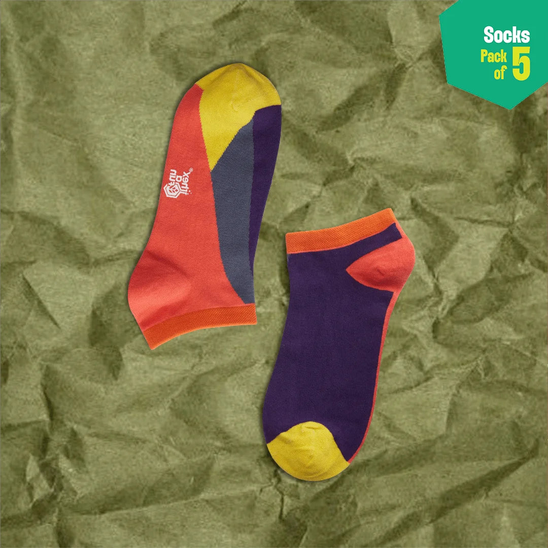 Color Punch! Unisex Socks, 100% Organic Cotton, Ankle Length, Pack of 5