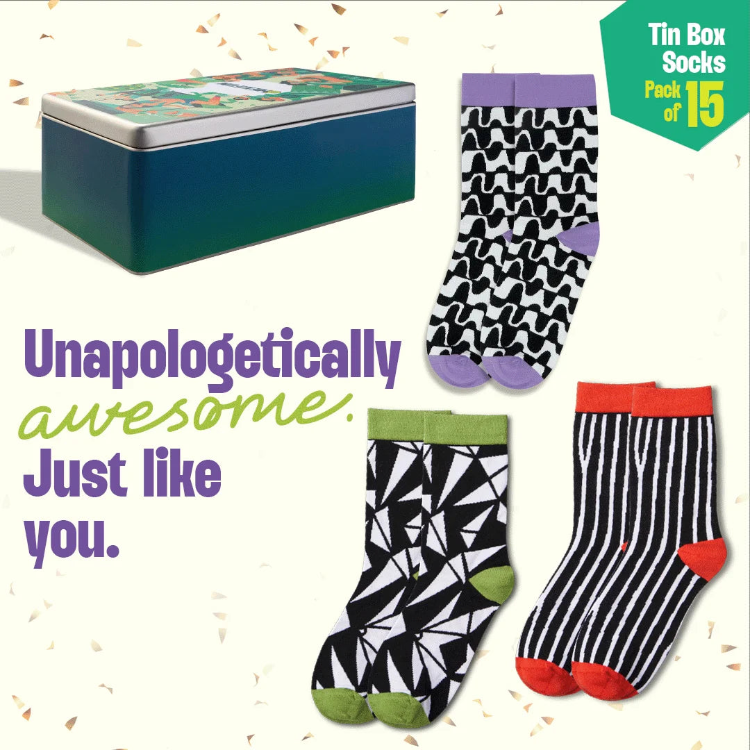 Mad Mob! Tin Gift Box, Unisex Crew Length Socks, 100% Bamboo, Box Of 15
