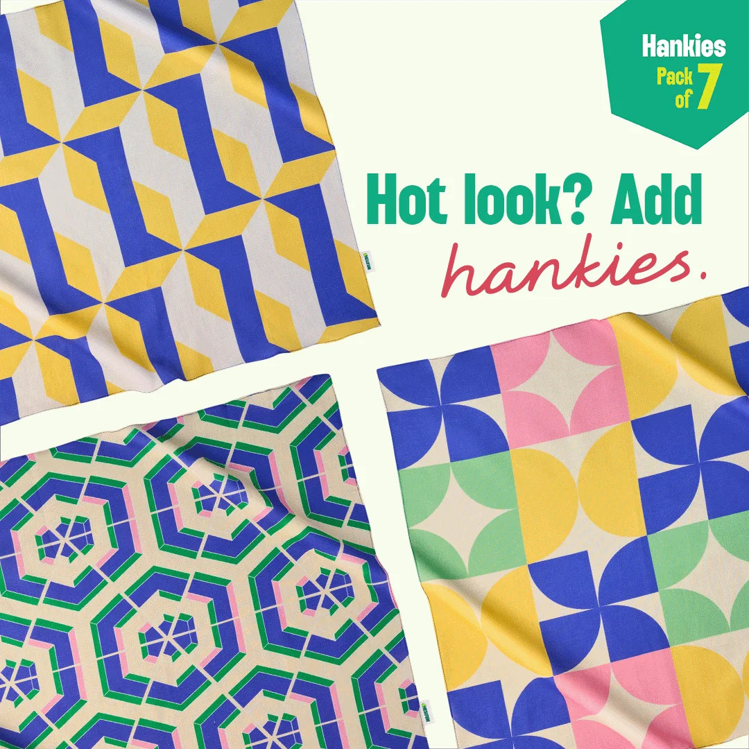 Geometric Invasion! Unisex Hankies, 100% Organic Cotton, Pack of 7
