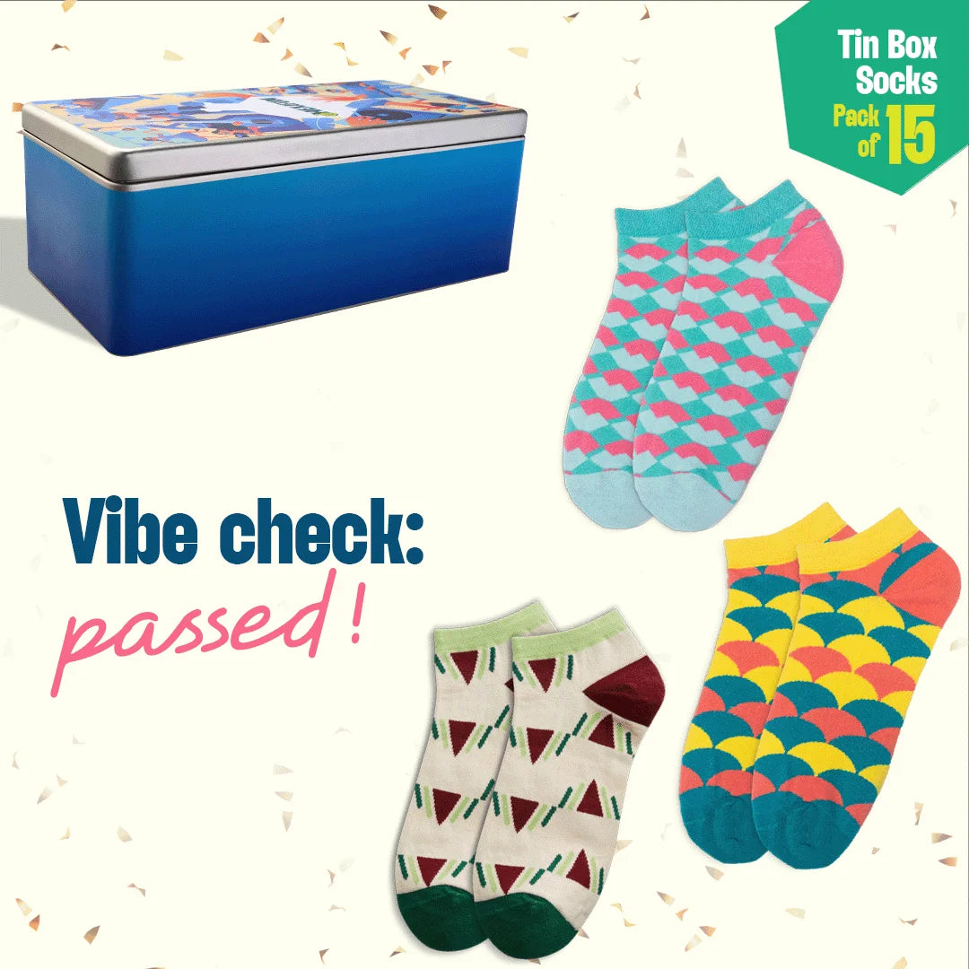 Carnival! Tin Gift Box, Unisex Ankle Length Socks, 100% Organic Cotton, Box Of 15