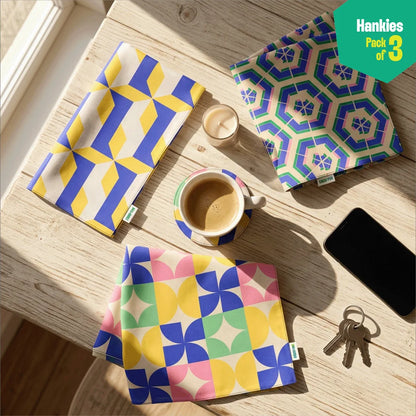 Mosaic Motion! Unisex Hankies, 100% Organic Cotton, Pack of 3