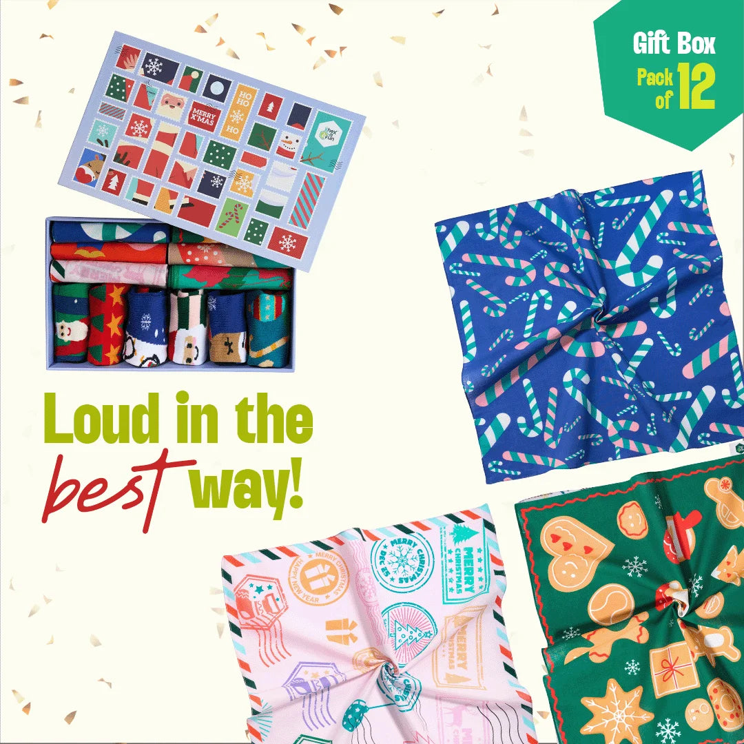 Xmas Stamps 2.0! 6 Unisex Kid's Socks + 6 Unisex Kid's Hankies, 100% Sustainable, Gift Box of 12