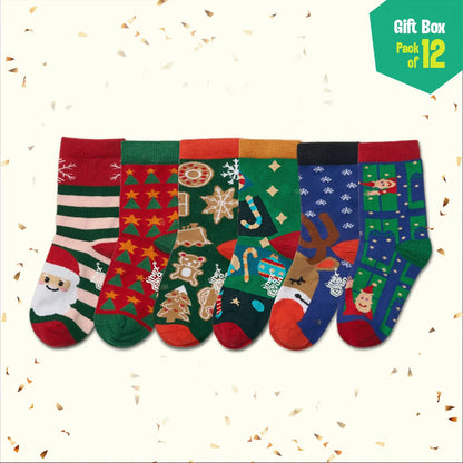 Xmas Stamps 2.0! 6 Unisex Kid's Socks + 6 Unisex Kid's Hankies, 100% Sustainable, Gift Box of 12