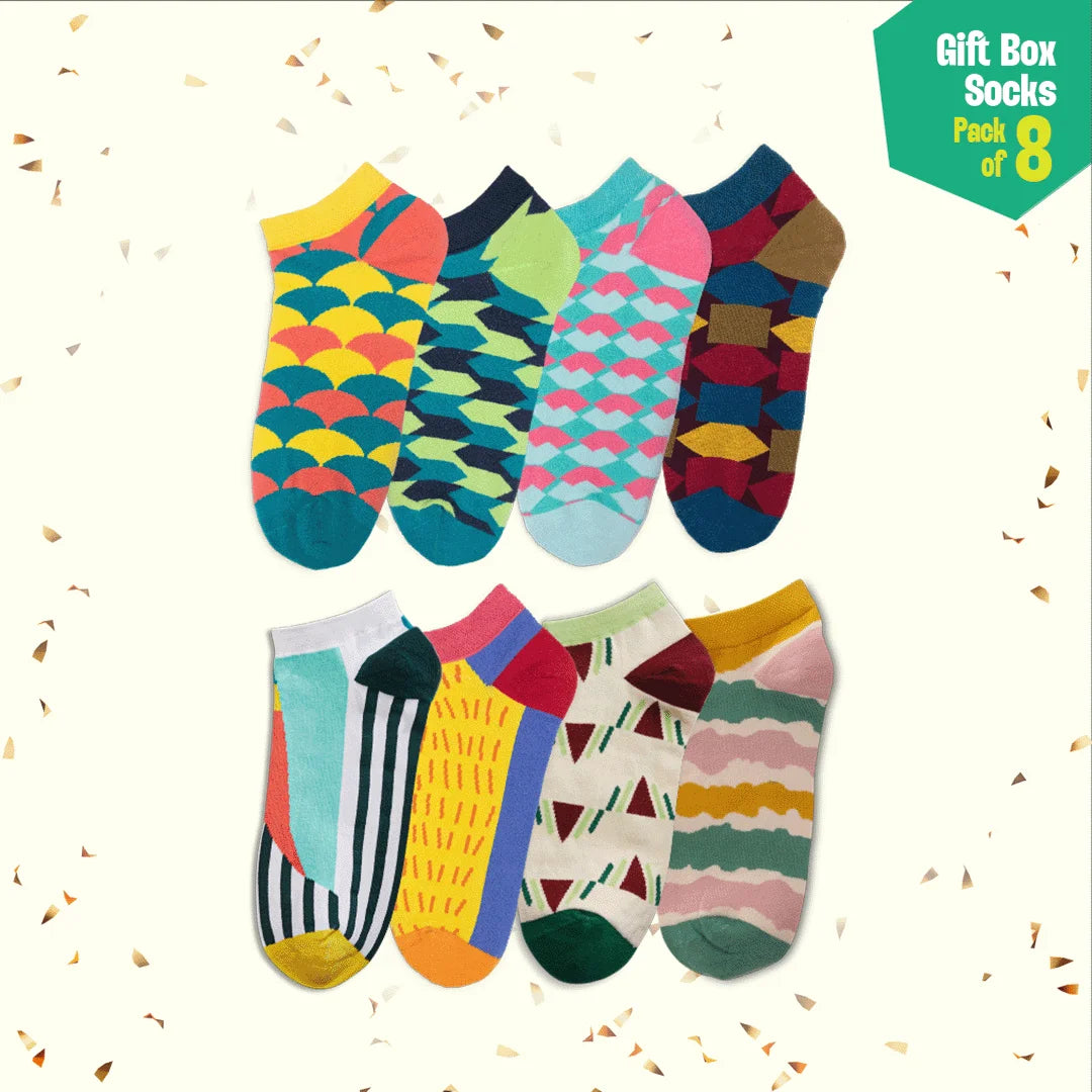 House Party! Unisex Ankle Length Socks, 100% Organic Cotton, Gift Box of 8