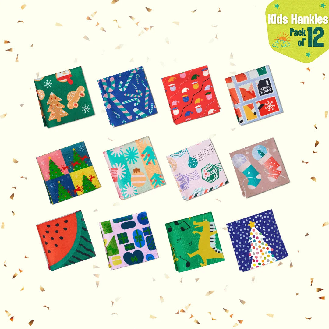 Jingle Mingle! Tin Gift Box, Unisex Kid's Hankies, 100% Organic Cotton, Box of 12