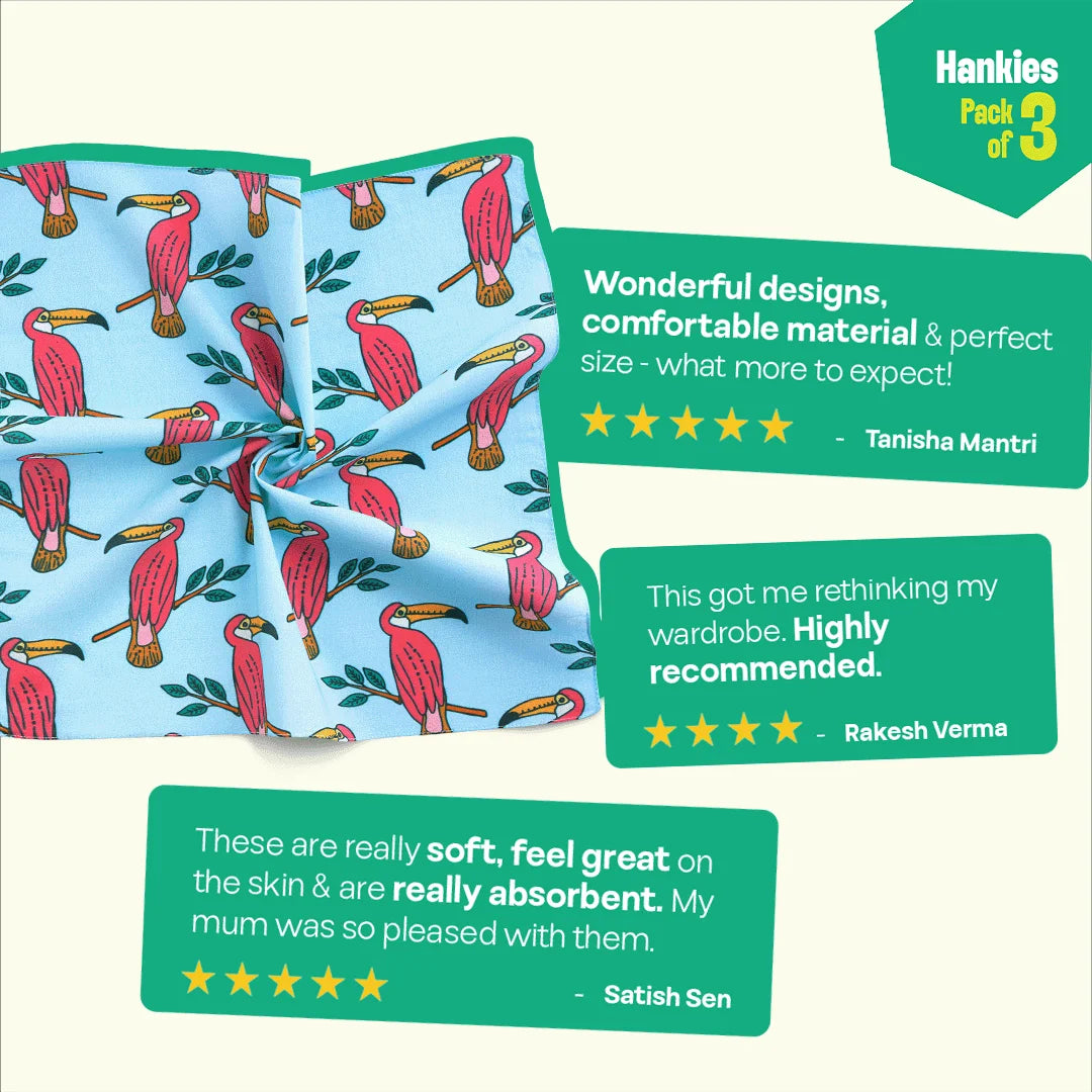 F&F! Flora & Fauna! Unisex Hankies, 100% Organic Cotton, Pack of 3