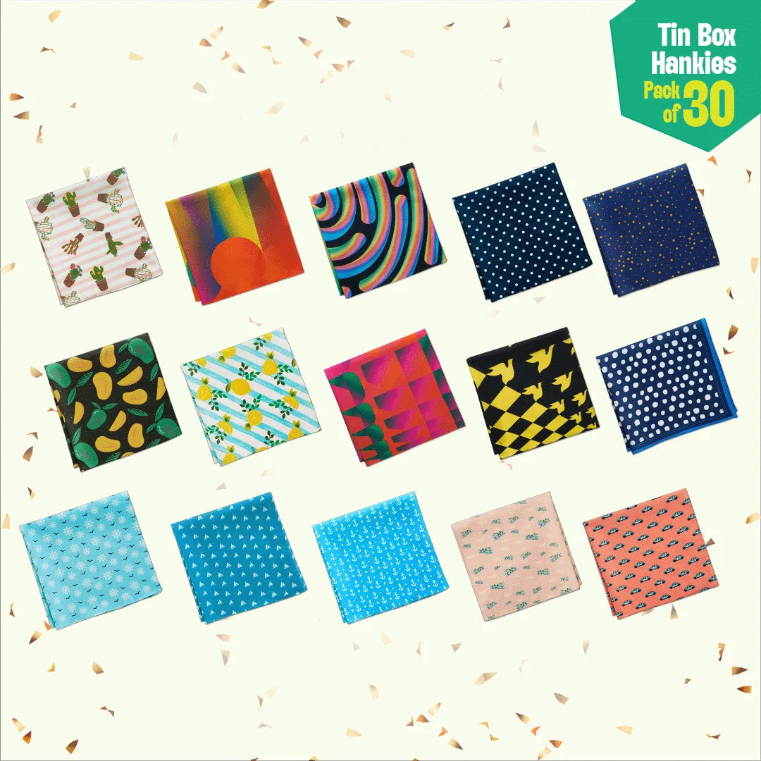 Fun A-fair! Tin Gift Box, Unisex Hankies, 100% Organic Cotton, Box Of 30