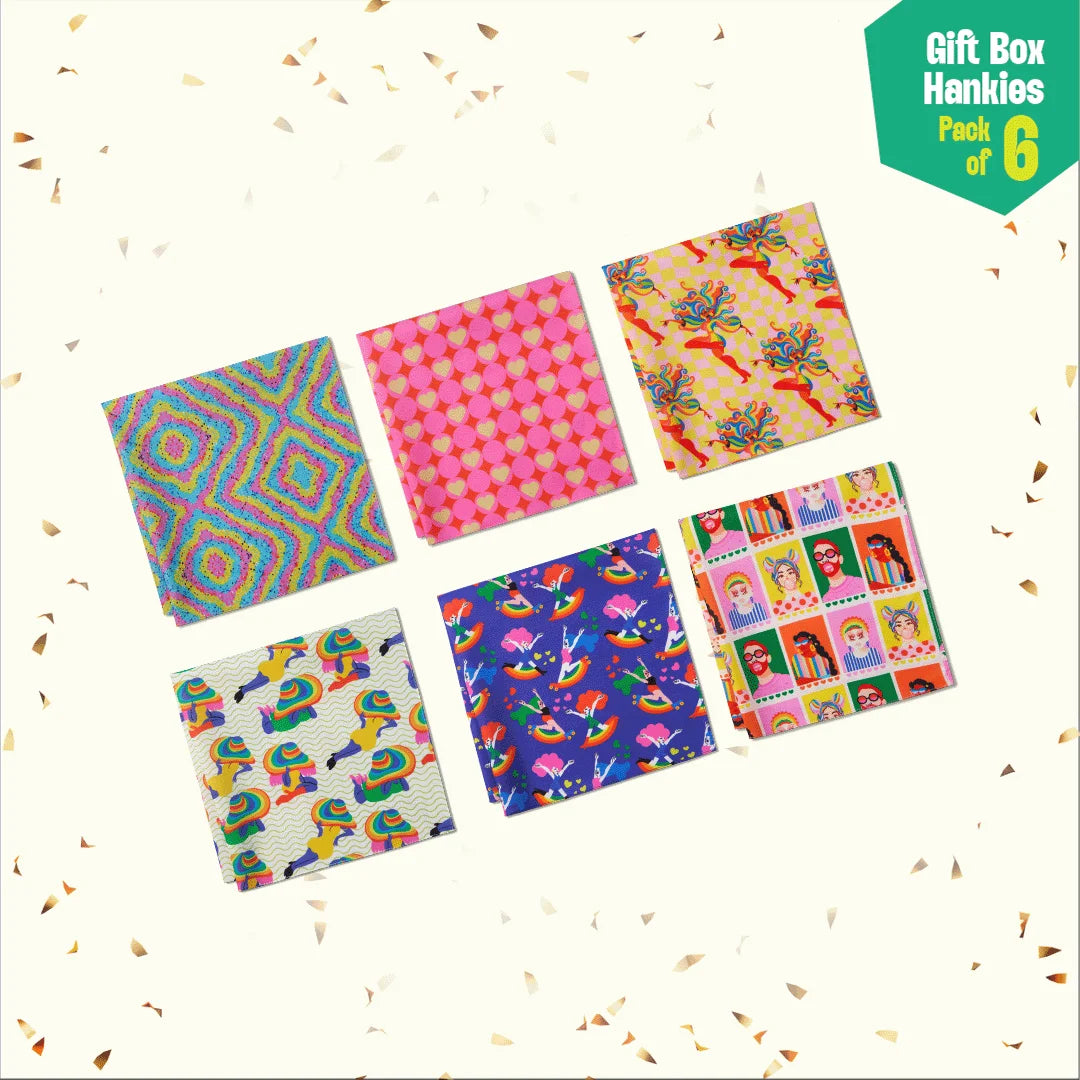Rainbow Mood! Large Unisex Hankies, 100% Organic Cotton, Gift Box of 6