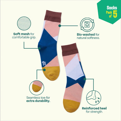 Color Pop Story! Unisex Socks, 100% Organic Cotton, Crew Length, Pack of 5