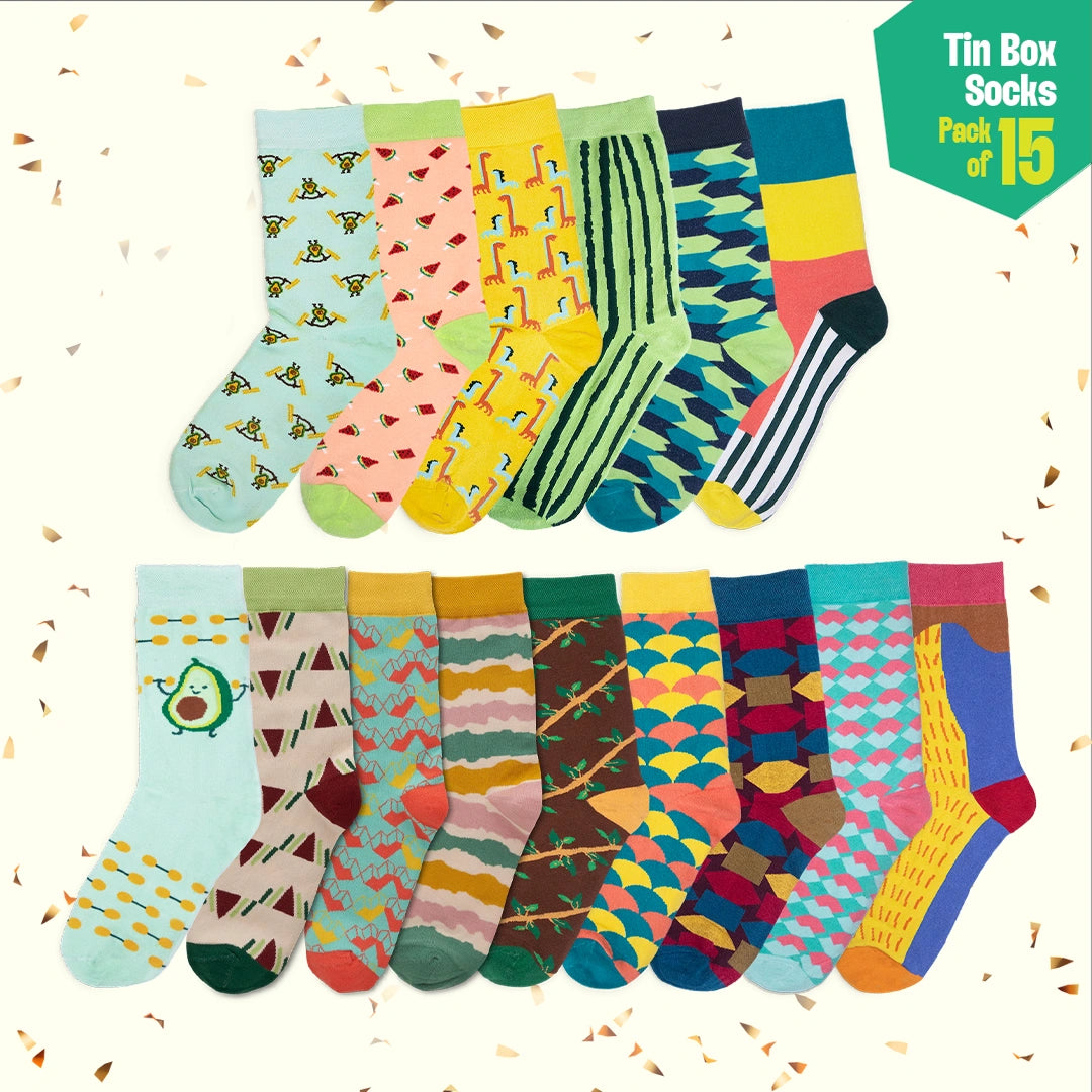 Carnival! Tin Gift Box, Unisex Crew Length Socks, 100% Organic Cotton, Box Of 15