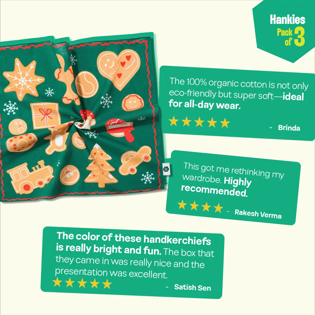 Xmas Vibes! Unisex Hankies, 100% Organic Cotton, Pack of 3