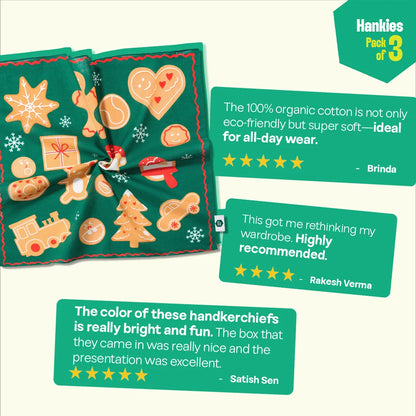 Xmas Vibes! Unisex Hankies, 100% Organic Cotton, Pack of 3