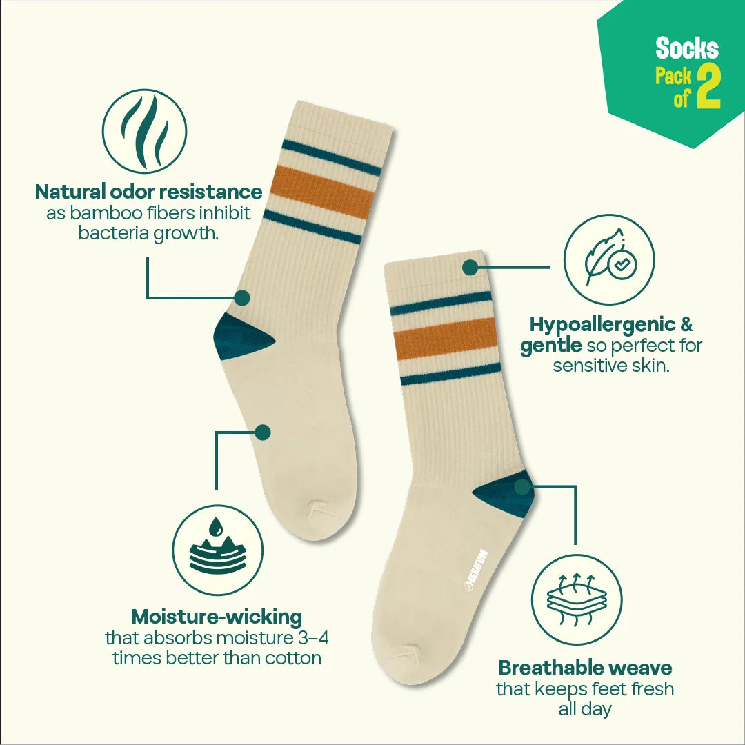 Classic Cool! Unisex Socks, 100% Bamboo, Crew Length, Pack of 2