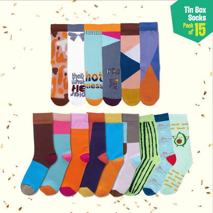 Standing Tall! Tin Gift Box, Unisex Crew Length Socks, 100% Organic Cotton, Box Of 15