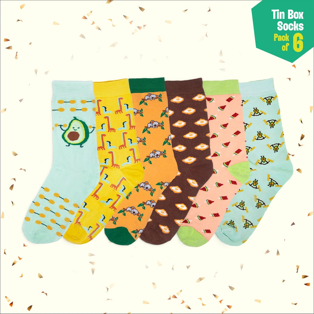 Beat Play! Tin Gift Box, Unisex Crew Length Socks, 100% Organic Cotton, Gift Box of 6