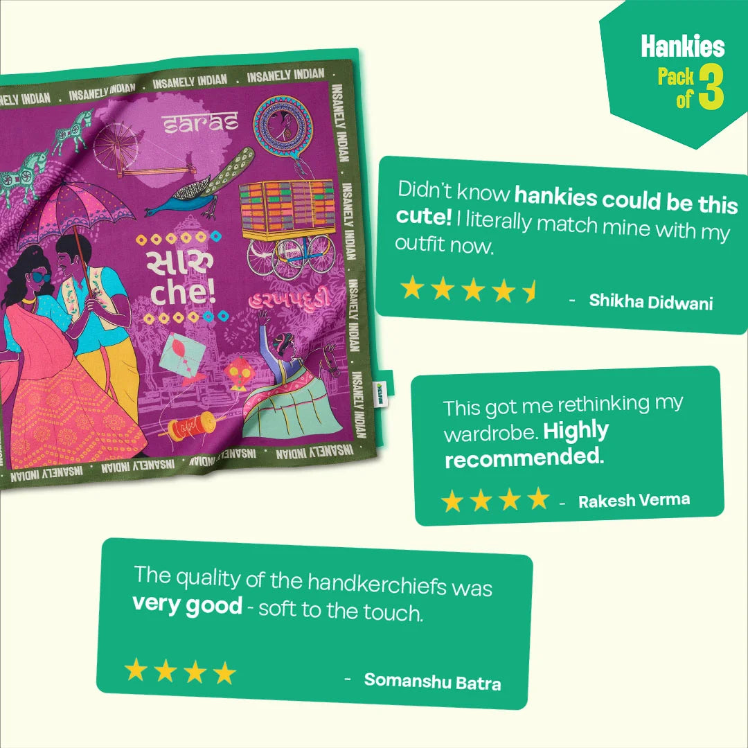 Gujju Paglu! Unisex Hankies, 100% Organic Cotton, Pack of 3