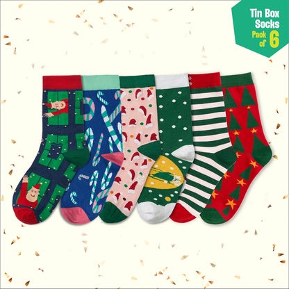 Season Splash! Tin Gift Box, Unisex Crew Length Socks, 100% Organic Cotton, Box of 6