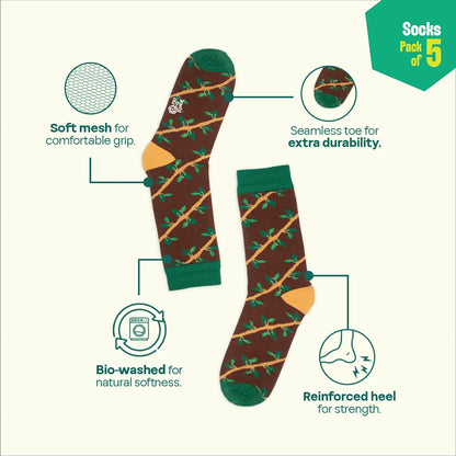 Pattern Palooza! Unisex Socks, 100% Organic Cotton, Crew Length, Pack of 5
