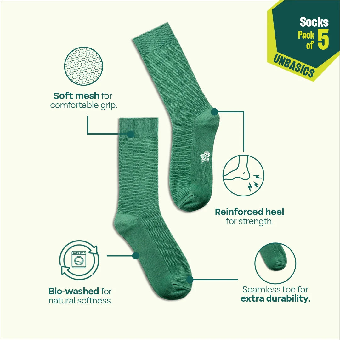 PineBerry! Unisex Socks, 100% Organic Cotton, Crew Length, Pack of 5