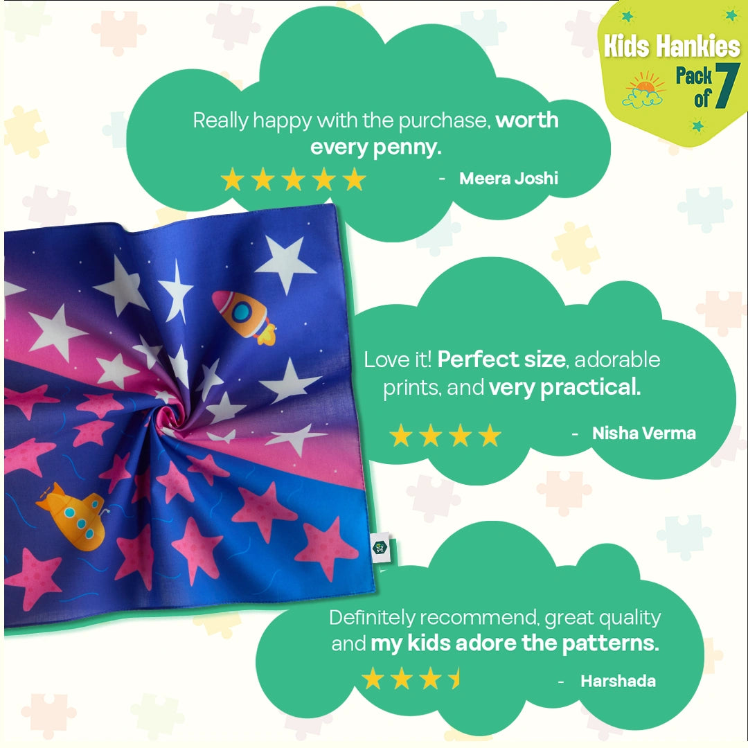 Happy Little Hearts! Unisex Kid's Hankies, 100% Organic Cotton, Pack of 7