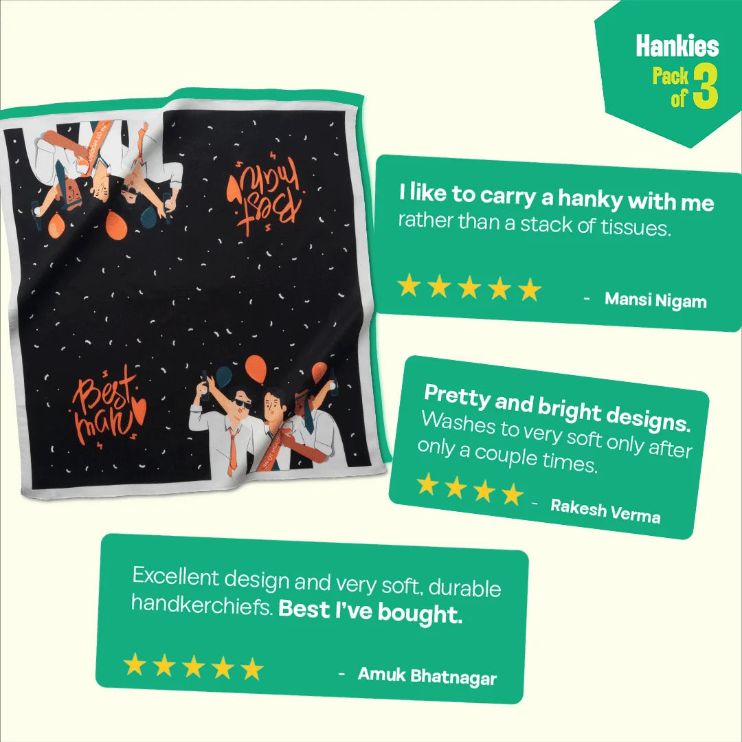 Bachelor Party! Unisex Hankies, 100% Organic Cotton, Pack of 3