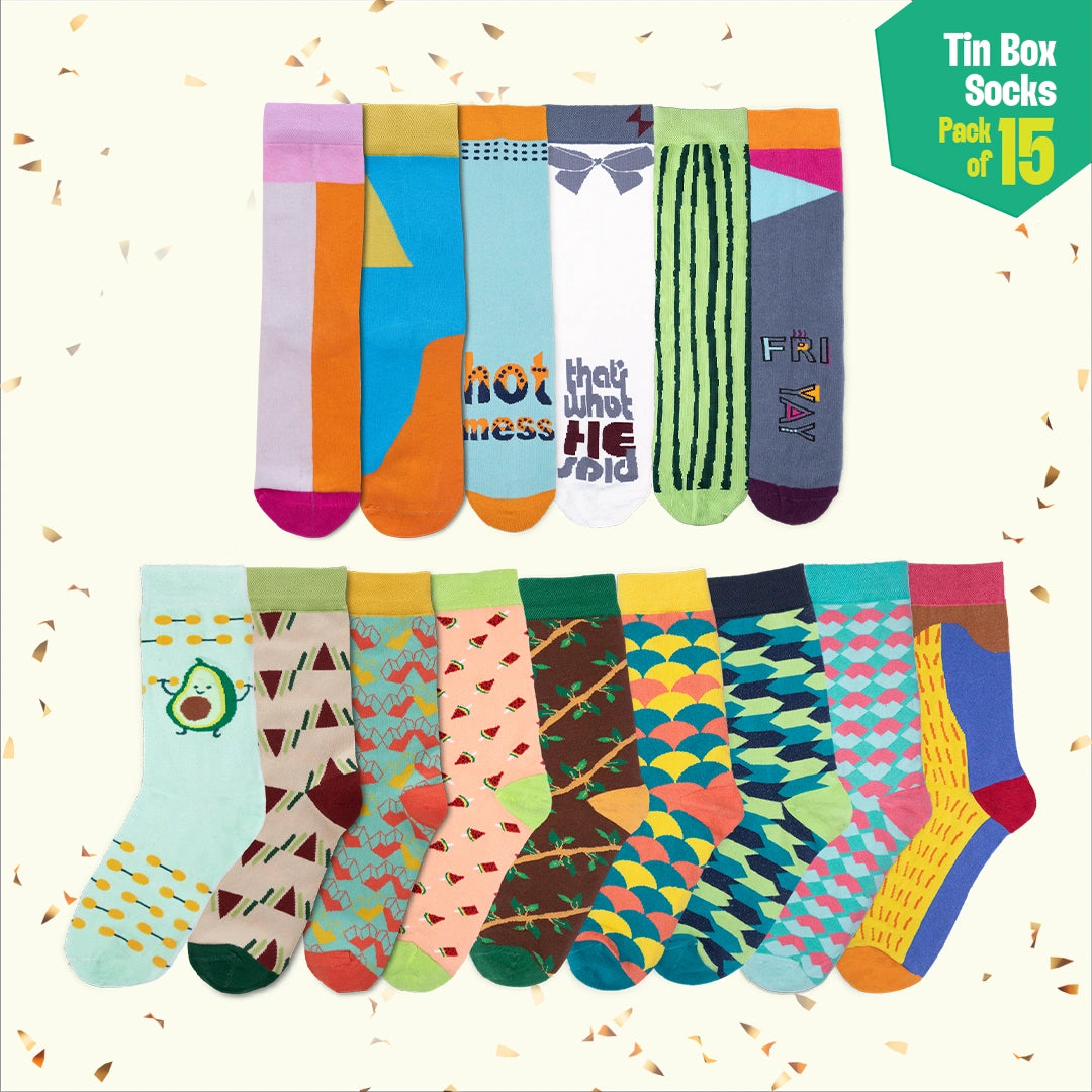 Trunk Call! Tin Gift Box, Unisex Crew Length Socks, 100% Organic Cotton, Box Of 15