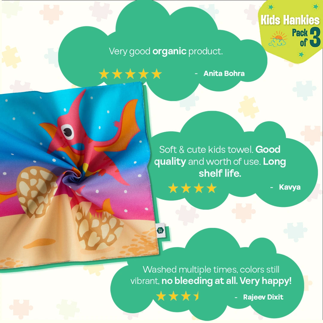 Jungle Safari! Unisex Kid's Hankies, 100% Organic Cotton, Pack of 3