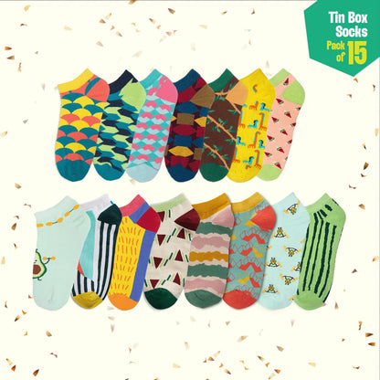Carnival! Tin Gift Box, Unisex Ankle Length Socks, 100% Organic Cotton, Box Of 15