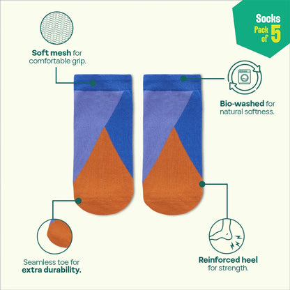 Color Punch! Unisex Socks, 100% Organic Cotton, Ankle Length, Pack of 5
