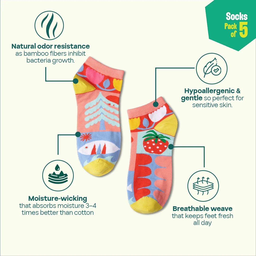 Fashion Fusion! Unisex Socks, 100% Bamboo Made, Ankle Length, Pack of 5
