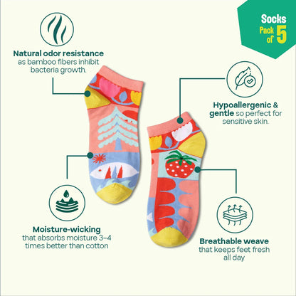 Fashion Fusion! Unisex Socks, 100% Bamboo Made, Ankle Length, Pack of 5