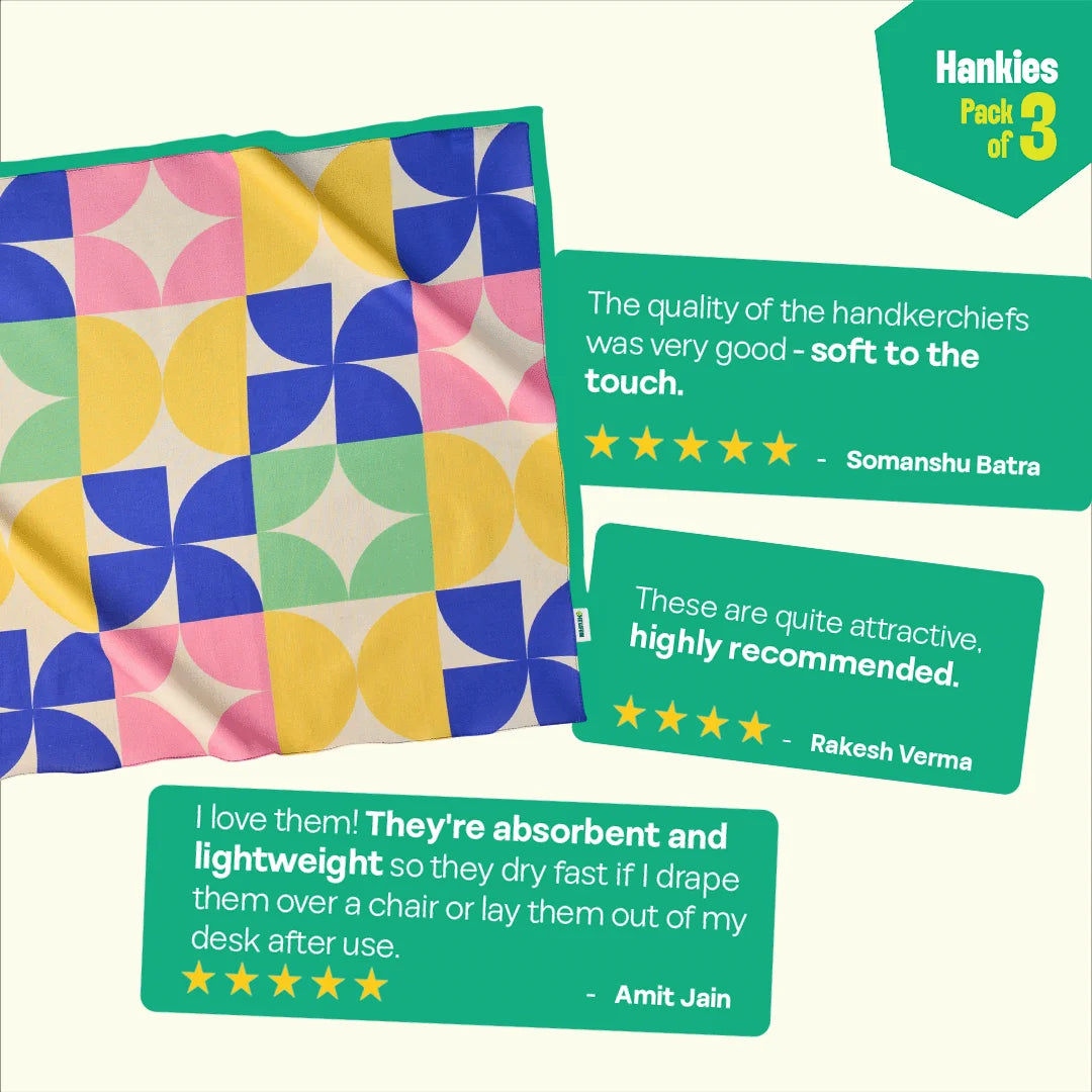 Mosaic Motion! Large Unisex Hankies, 100% Organic Cotton, Pack of 3