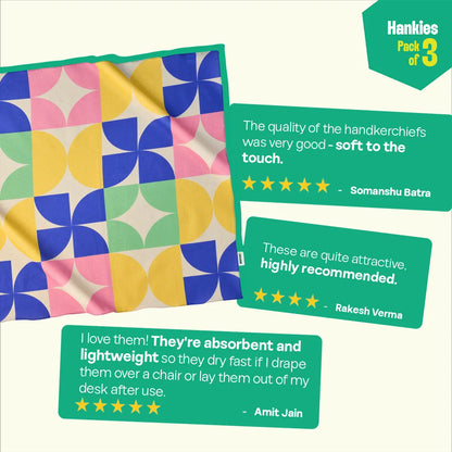 Mosaic Motion! Large Unisex Hankies, 100% Organic Cotton, Pack of 3