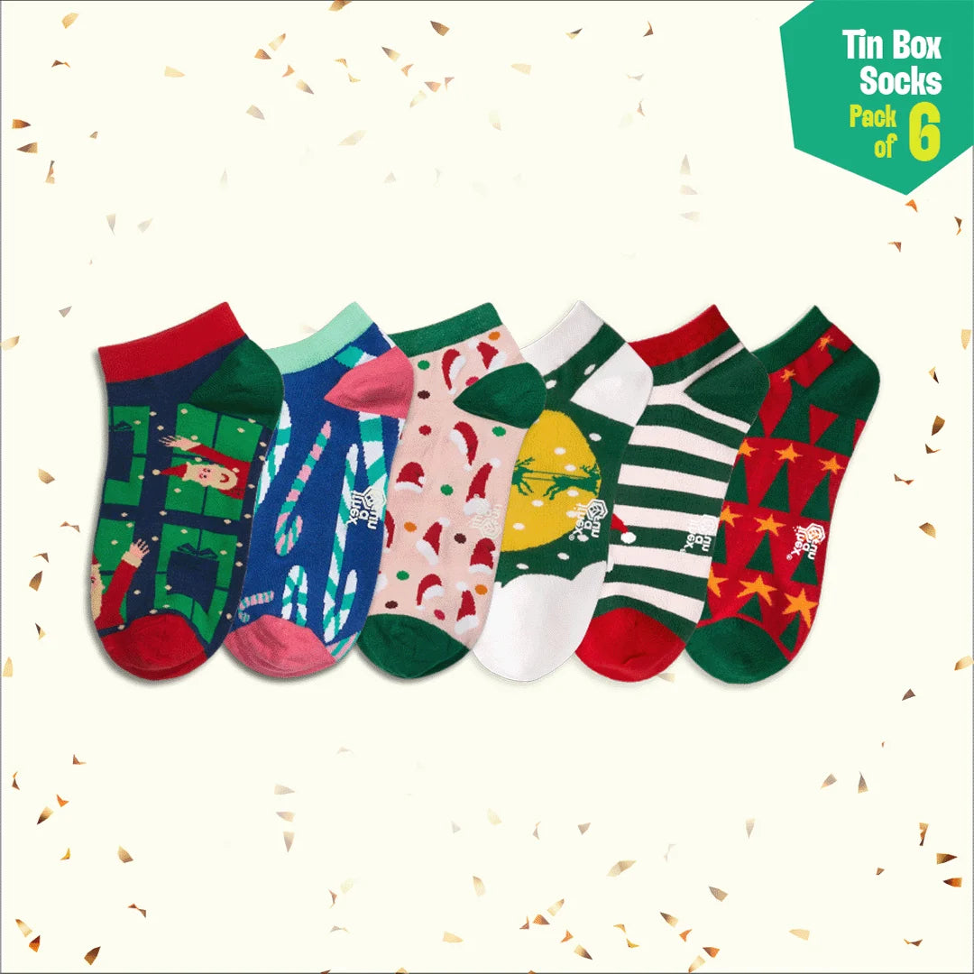 Season Splash! Tin Gift Box, Unisex Ankle Length Socks, 100% Organic Cotton, Box of 6