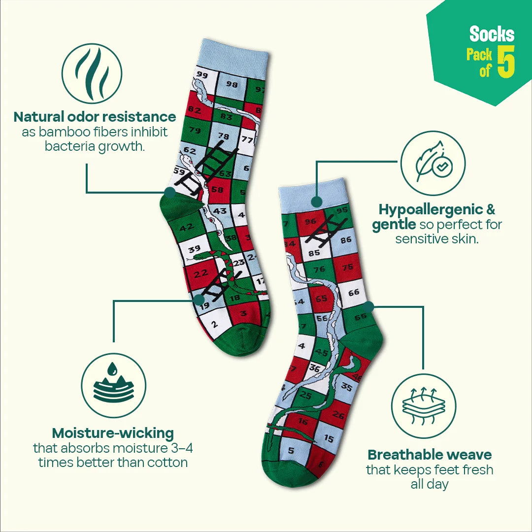 Power Up! Unisex Socks, 100% Bamboo, Crew Length, Pack of 5