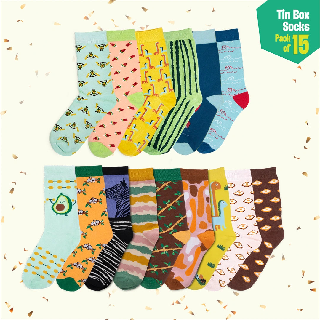 EOD! Elephant Of The Day! Tin Gift Box, Unisex Crew Length Socks, 100% Organic Cotton, Box Of 15